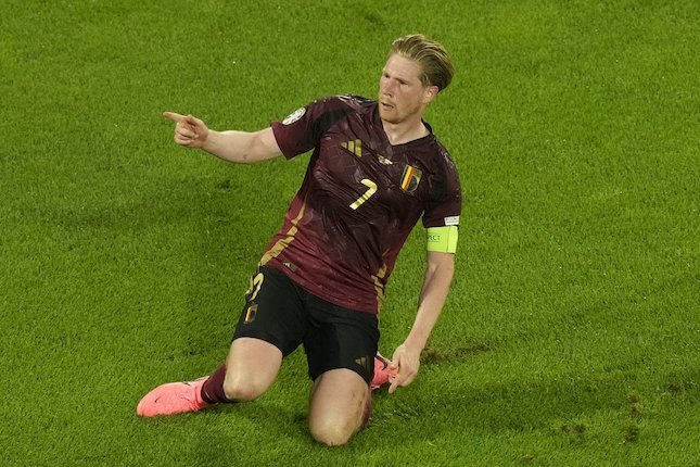 Euro 2024: Selebrasi gol pemain Belgia, Kevin De Bruyne (c) AP Photo/Frank Augstein
