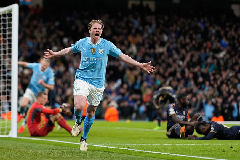 Momen selebrasi Kevin De Bruyne di laga Manchester City vs Real Madrid, Liga Champions 2023/2024 (c) AP Photo/Dave Shopland